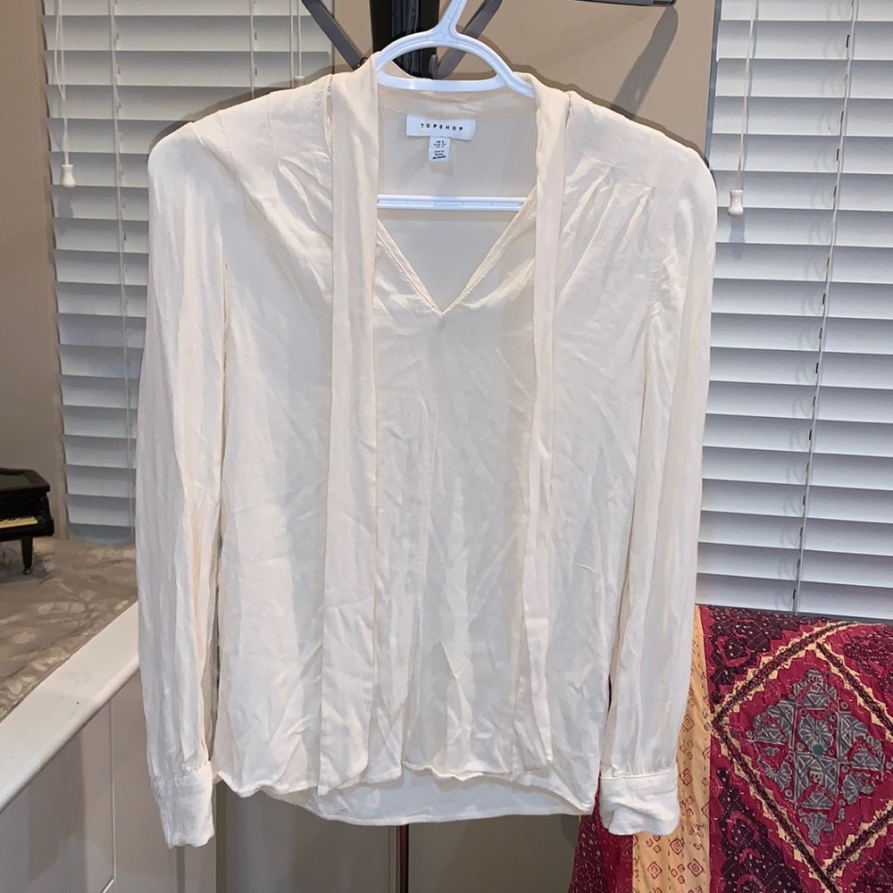 Topshop cream long-sleeved tie neck blouse